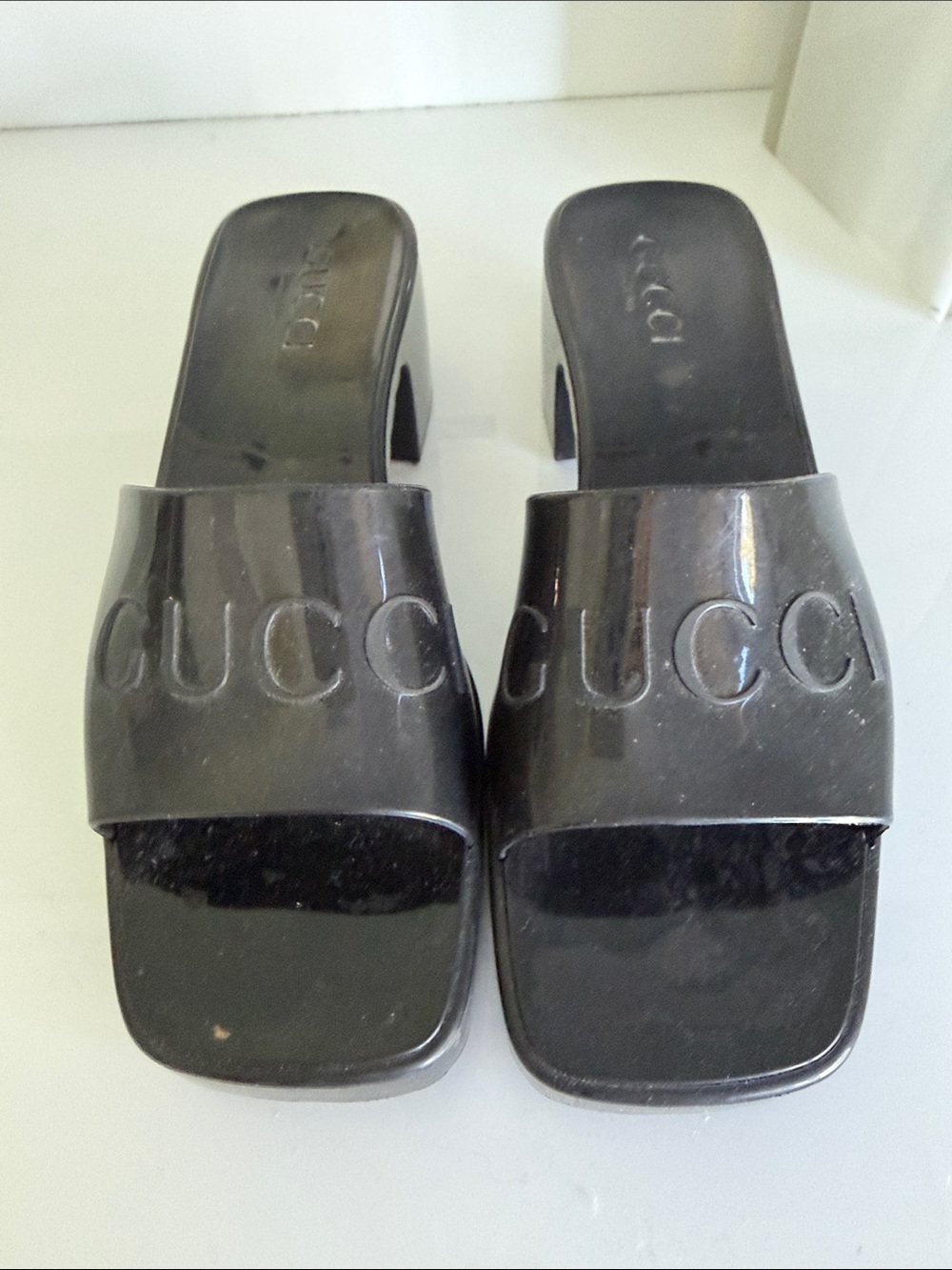 Authentic Gucci Black Patent jelly Platform Mule Slides